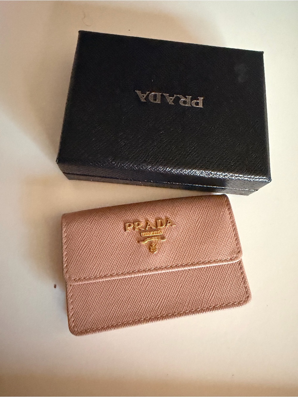 Prada Blush Pink Saffiano Leather Card & Key Holder with Gold Logo